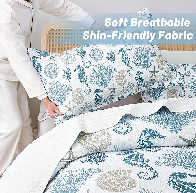 Coastal Bedding Queen Size Coastal Quilt with 2 Shams, Nautical Beach Comforter Sets Ocean Bedspreads Blue Seahorse Coverlet Summer Bedding, 90''x96''