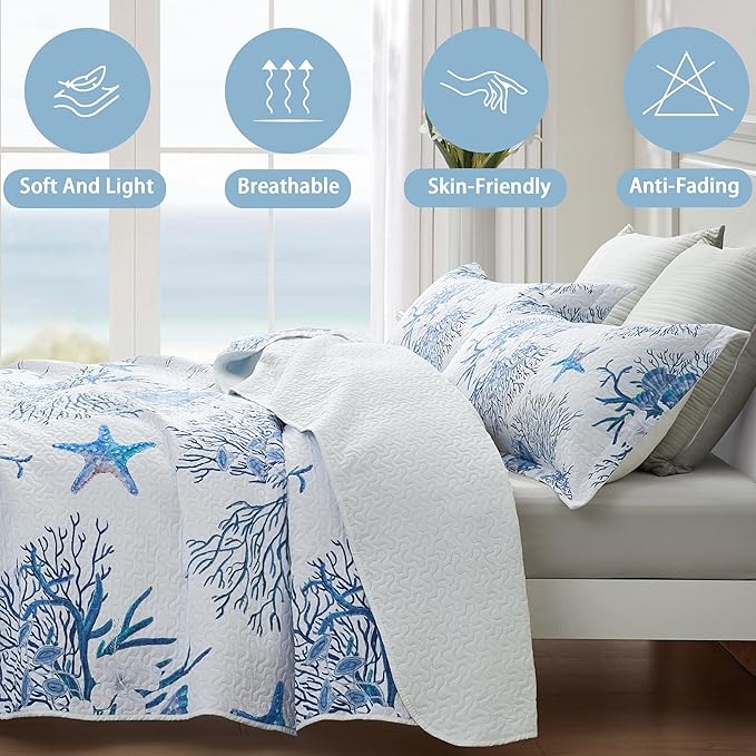 Coastal Bedding Queen Size Coastal Quilt with 2 Shams, Nautical Beach Comforter Sets Ocean Bedspreads Blue Starfish Coverlet Summer Bedding, 90''x96''