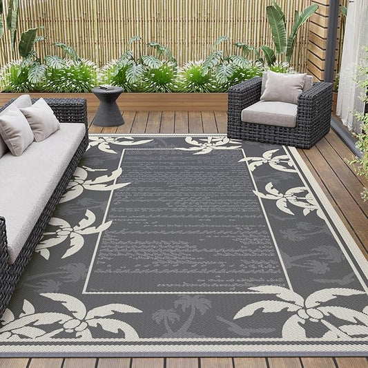 COCOER Outdoor-Rug 6x9 ft Waterproof Reversible Outdoor Plastic Straw Rug RV Indoor Outdoor Carpet Quick Dry Patio Rug Camping Mat for Balcony Backyard Picnic Beach-Grey&Beige