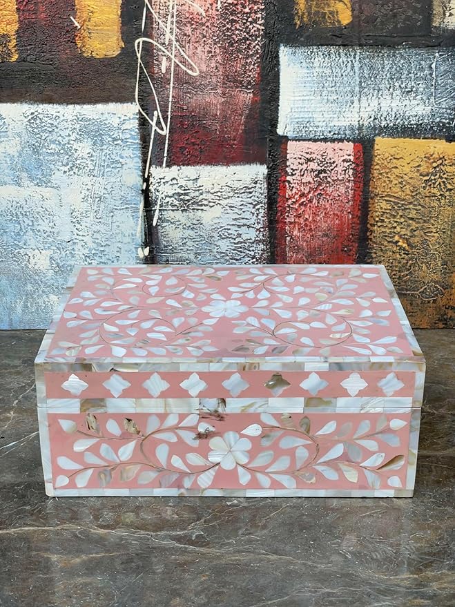 Decorative Storage Box Of Mother Of Pearl Inlay Floral Design Wooden Storage Box For Home Decoration For Living Dining & Bedroom (Pink_12x8x5 inch)