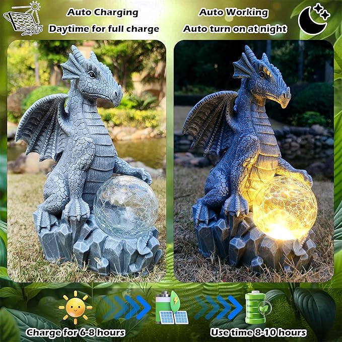 Dragon Solar Garden Statues Outdoor Decoration with Magic Orb,Dragon Figurine Solar LED Lights Lawn Décor,Outside Statue Ornament for Patio, Balcony, Yard,Unique Gifts for Mom Grandma