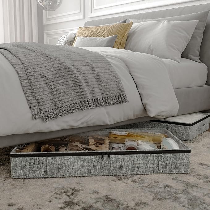 Gray Low Profile Under Bed Storage Containers 5 inches high, 33.8"x 17.7"x 5.1", Sturdy Underbed Shoe Storage Organizer, Foldable Fabric Under the Bed Storage Bins - Pack of 2