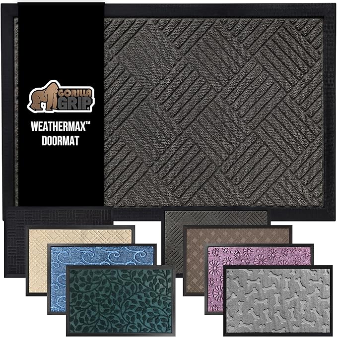 GORILLA GRIP 100% Waterproof All-Season WeatherMax Doormat US Designed Natural Rubber, Stain and Fade Resistant, Low Profile Indoor Outdoor Door Mats, Easy Clean Patio Mat, 17x29, Gray Diamond