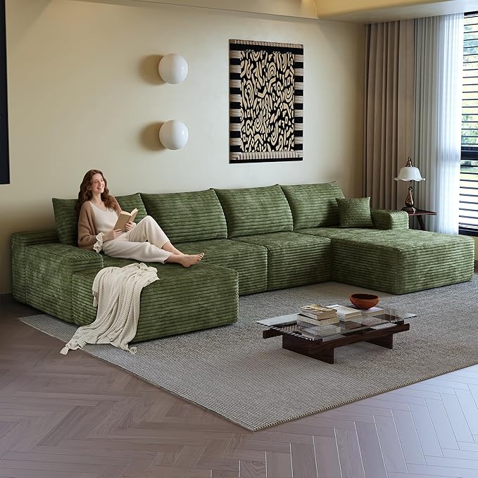 108" Sectional Couches for Living Room Modern Modular Sofa with L-Shape Couchs Upholstered Boneless Couch Deep Seat Sectional Couch with Chaise (Green, Right Facing Chaise+3Seaters+Ottoman)