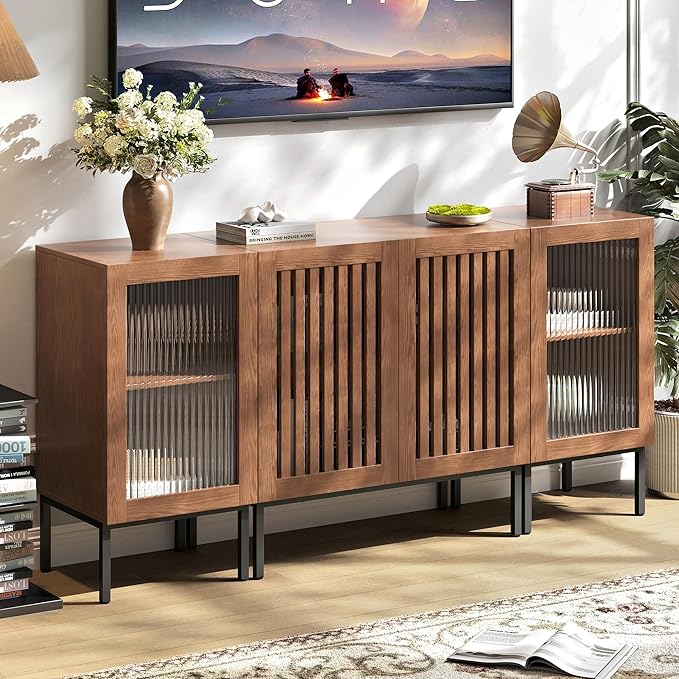 Farmhouse TV Stand for TVs up to 70 Inch, Entertainment Center TV Console with Storage Cabinets and Glass Doors,Media Console for Living Room,Brown
