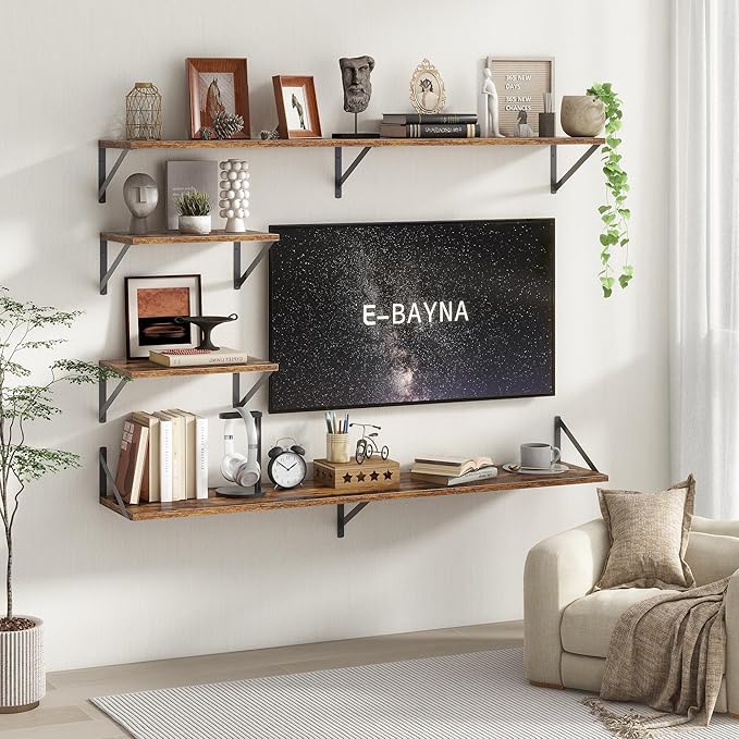 Floating Shelves 55 Inch Long, 10" Deep Floating Shelves, Wall Shelves 55 x 10, Set of 2, Wide Large Display Storage Shelves for Bathroom, Living Room, Rustic Wood Shelves with Brackets, Rustic Brown