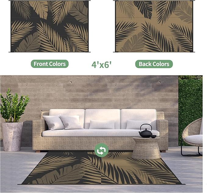 GENIMO Outdoor Rug 4' x 6' Waterproof for Patios Clearance, Reversible Outdoor Plastic Straw Camping Rug Carpet, Large Area Rugs Mats for RV, Camper, Deck, Balcony, Porch, Beach, Picnic, Black&Brown