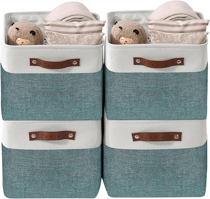 DECOMOMO Storage Bins Fabric Storage Baskets for Shelves, Linen Closet Organization Toys Nursery (Green and White, Large - 4 Pack)