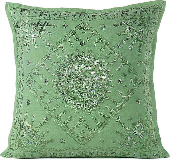 Eyes of India Embroidered Decorative Boho Throw Pillow Cover with Mirrors, Handmade Bohemian Accent Cushion Case for Sofa Couch Bedroom Living Room (Green, 16" x 16")