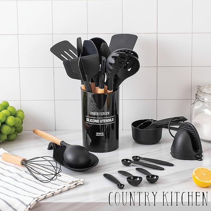 Country Kitchen Non Stick Silicone Utensil Set with Rounded Wood Handles for Cooking and Baking, 38 Piece Set, Black