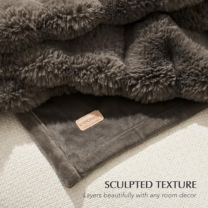 EVERGRACE Ultra Soft Luxury Fluffy Faux Rabbit Fur Throw Blanket, Thick Warm Fuzzy Blankets for Bed, Cozy Plush Reversible Blanket for Couch, Chair, Sofa, Dark Taupe, 50x60 Inches, 870 GSM