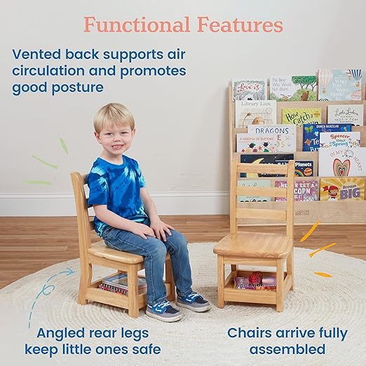 ECR4Kids Three Rung Ladderback Chair with Storage, 10in Seat Height , Classroom Seating, Honey, 2-Pack