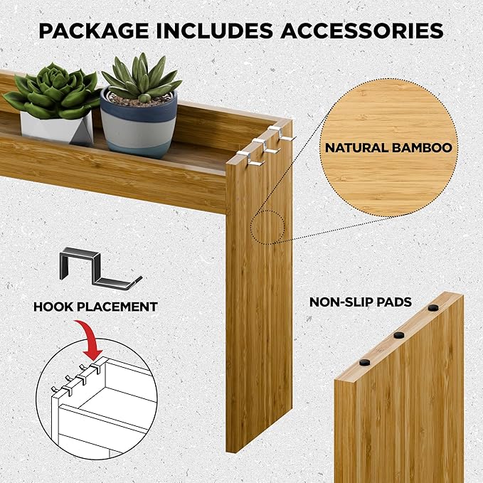 Edgecrest Bamboo Over The Stove or Sink Modern Spice Shelf, No Annoying Middle Screw, 31.5” Wide Storage, 11.4” High Countertop Shelf, 6 Side Hooks, Easy to Assemble, Eco-Friendly Durable Material