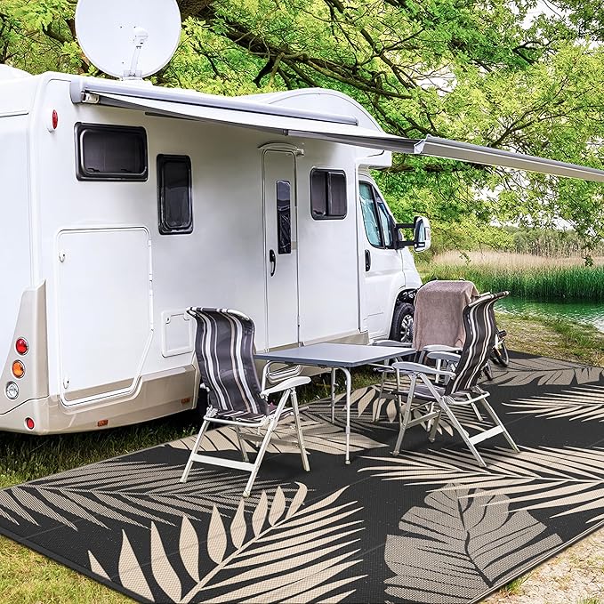 GENIMO Outdoor Rug 10' x 14' Waterproof for Patios Clearance, Reversible Outdoor Plastic Straw Camping Rug Carpet, Large Area Rugs Mats for RV, Camper, Deck, Balcony, Porch, Beach, Picnic, Black&Beige