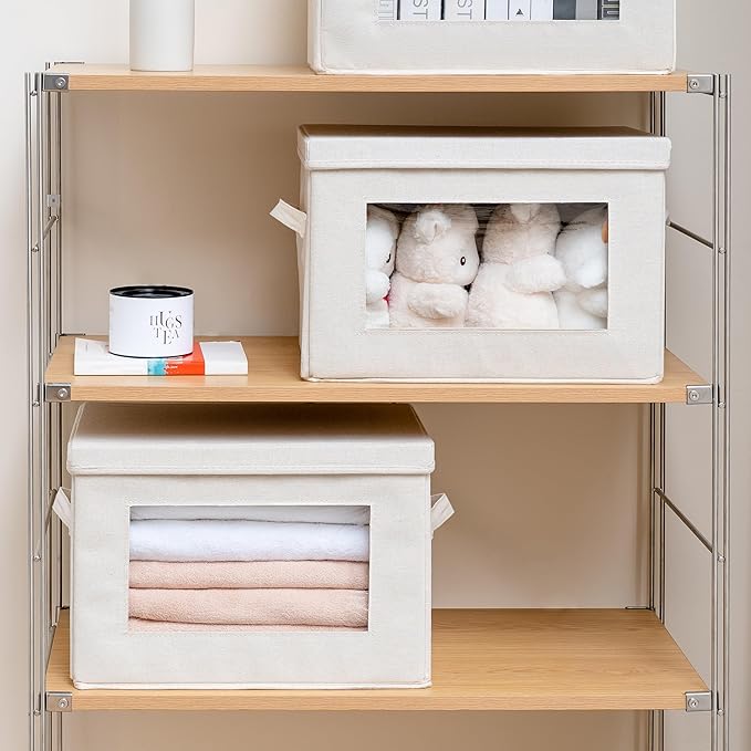 Citylife 4-Pack Storage Bins with Lids, Fabric Foldable Storage Bins with Soft Cord Handles, Cube Closet Storage Baskets with Lids, Organizers for Organizing Clothes and Books, Beige