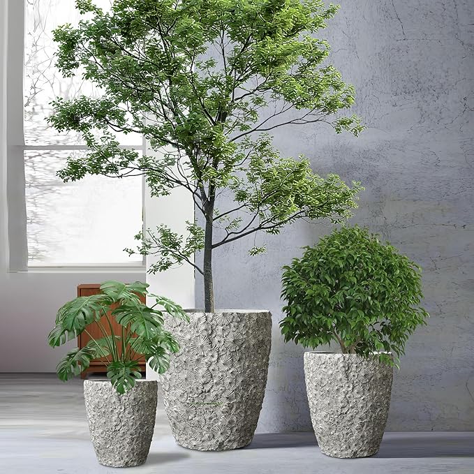 Craft flowerpots 16"+12"+10" Dia Round Concrete Planter Set of 3 Large Outdoor/Indoor Planter Pots Containers with Drainage Holes and Rubber Plug for Home Garden (Grey, Large)
