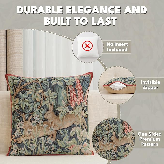 Charlotte Home Furnishings Decorative Tapestry Pillow Cover 19x19 in, Green Hares Couch Throw Pillow Cover, French Country Square Cushion Cases for Living Room Home Decor, Soft Cotton Jacquard Woven