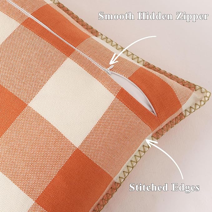 decorUhome Fall Orange and White Decorative Throw Pillow Covers 16x16 Set of 2, Buffalo Plaid Check Farmhouse Cushion Covers with Stitched Edge for Autumn Harvest Couch Sofa Bed Home Decor
