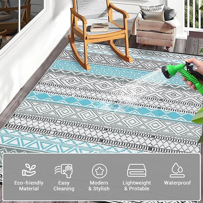 GAOMON Outdoor Rug Waterproof 8'x10', Reversible Outdoor Plastic Straw Rug, Boho Patio Rug, Indoor Outdoor Carpet, RV Mat Outside for Patio, Camp, Picnic, Balcony, Deck, Blue/Grey(Bohemia)