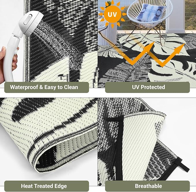 GAOMON Outdoor Rug Waterproof 9x18 Patio Rug Reversible Camping Mat, Foldable Portable Outdoor Plastic Straw Rugs RV Picnic Carpet with Bag & 4 Stakes, UV Resistant Outside Carpet for Deck Balcony