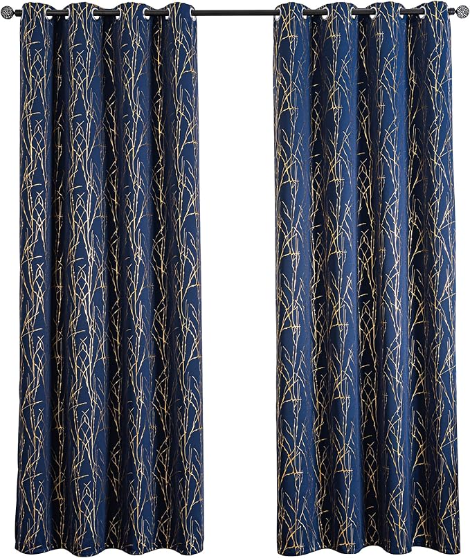 Grommets Blackout Long Window Curtains Navy Blue Gold-52W*108L 2PCS Drapes for Bedroom