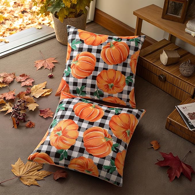 decorUhome Fall Orange Pumpkin Decorative Throw Pillow Covers 16x16 Set of 2, Buffalo Plaid Check Farmhouse Cushion Covers for Autumn Harvest Couch Sofa Bed Home Decor