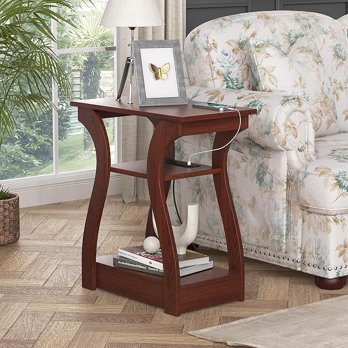 End Tables Living Room, Cherry End Table with Charging Station, Nightstand for Bedroom, 3 Tier End Table with Storage Shelf for Living Room(Cherry)