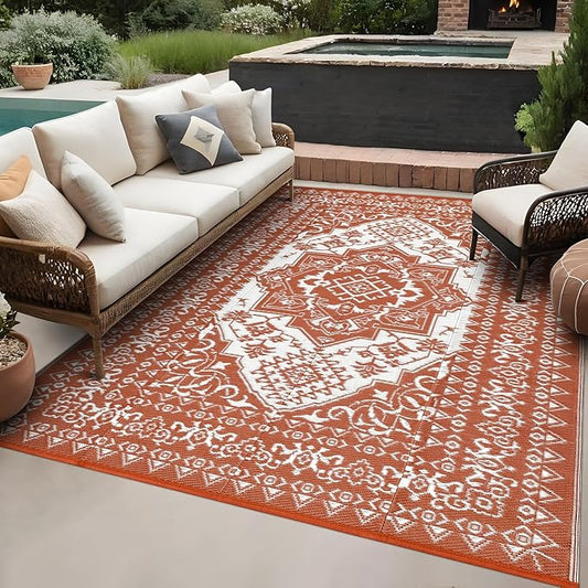 GAOMON Outdoor Plastic Straw Rug 9x12 Waterproof Reversible Patio Rug, Large UV-Resistant Portable RV Camping Mats, Indoor Outdoor Rugs for Outside Deck Front Porch Garden RV, Red & White