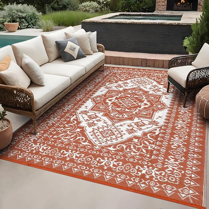 GAOMON Outdoor Rug for Patio 9x18 Waterproof Reversible Plastic Straw Rug, Large UV-Resistant Portable RV Camping Mats, Indoor Outdoor Medallion Carpet for Outside Deck Porch Garden, Red & White