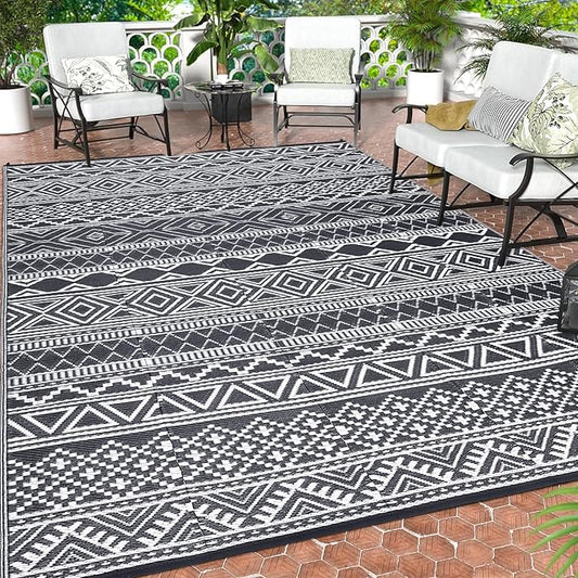 GAOMON Outdoor Rug Waterproof 8'x10', Reversible Outdoor Plastic Straw Rug, Boho Patio Rug, Indoor Outdoor Carpet, RV Mat Outside for Patio, Camp, Picnic, Balcony, Deck, Grey/White(Bohemia)