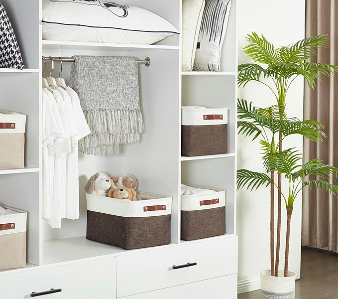 DECOMOMO Storage Bins Fabric Storage Baskets for Shelves, Linen Closet Organization Toys Nursery (Brown and White, Large - 4 Pack)