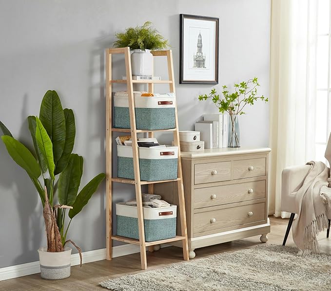 DECOMOMO Storage Bins Fabric Storage Baskets for Shelves, Linen Closet Organization Toys Nursery (Green and White, Large - 3 Pack)