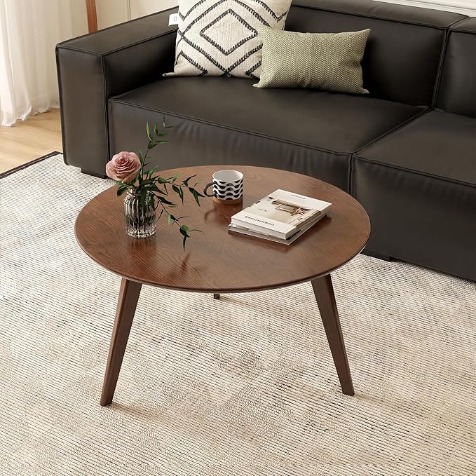 100% Solid Oak Wood Mini Coffee Table, Round Side Table w/Solid Wood Legs, Walnut Mid Century Coffee Table w/Sturdy Frame for Bedroom Balcony Living Room (29.53" D x 17.72" H)