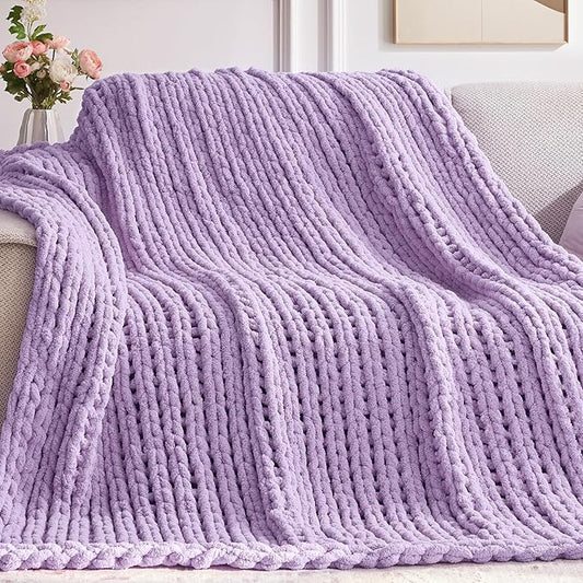 Chunky Knit Throw Blanket, 30''*40'' Knitted Throw Chenille Yarn for Bed Couch, Handmade Light Purple Crochet Big Thick Blanket, Machine Washable Cute Comfy Blanket for Home Decor