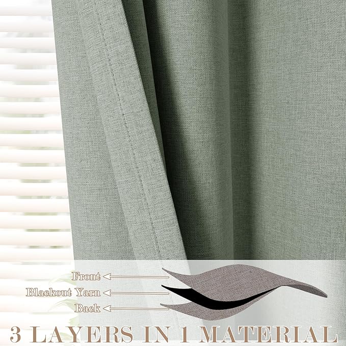 100% Blackout Linen Textured Drapes for Bedroom Pinch Pleated Curtains for Track System Portable Drapery for Sliding Glass Door/Storage/Space Room Divider, 70" Wx102 L, 1 PC, Fog Green
