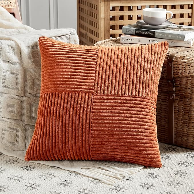 Fancy Homi 2 Packs Burnt Orange Samll Fall Decorative Throw Pillow Covers 14x14 Inch with for Couch Bed Sofa, Farmhouse Boho Home Decor, Soft Corss Patchwork Corduroy Square Cushion Case 35x35 cm