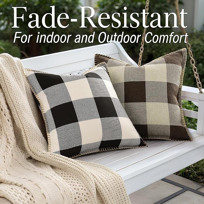 decorUhome Buffalo Plaid Check Throw Pillow Covers 16x16 Set of 2, Outdoor Decorative Farmhouse Neutral Pillow Covers with Stitched Edge for Bed Couch Sofa, Brown and Beige