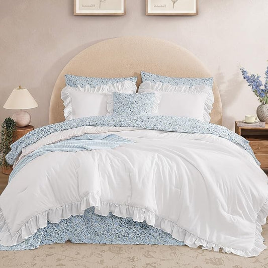 Full Comforter Set - 7 Pieces Ruffle White Bedding Sets, Shabby Chic Farmhouse Bed in a Bag Full with Ruffle Comforter, Floral Sheets, Pillowcases & Shams