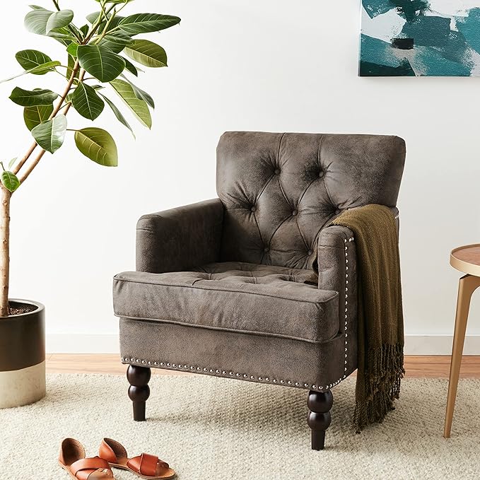 Christopher Knight Home GDFStudio Medford Brown Tufted Club Chair, Fabric Accent Chair with Studded Nailhead Accents