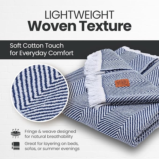 Gold Case Throw Blanket for Couch – 100% Recycled Turkish Cotton Blankets & Throws – Elegant Decorative Throw Blankets for Living Room Sofa – Woven Throws for Couch – Elegant Navy Blue – 50x60