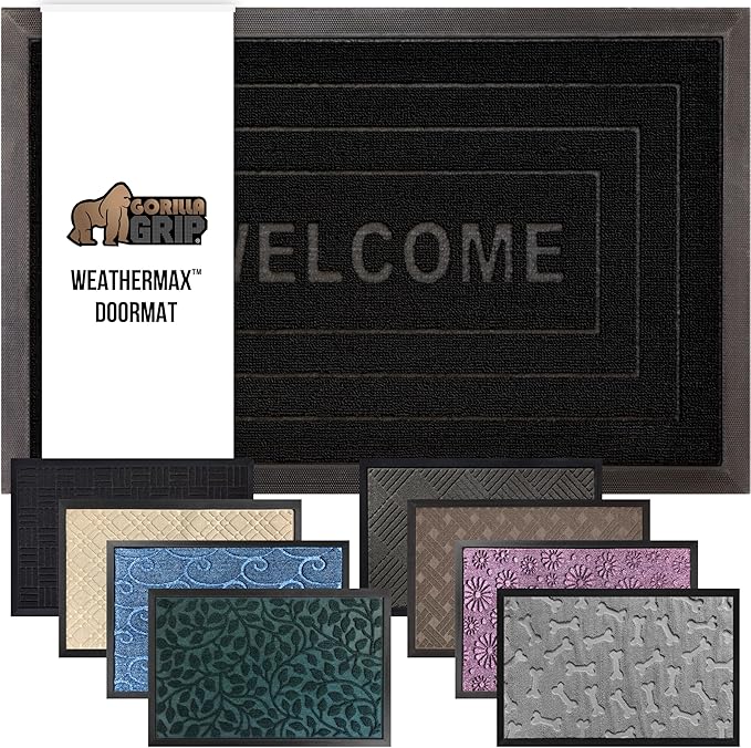 GORILLA GRIP 100% Waterproof All-Season WeatherMax Doormat, 47x35, US Designed Natural Rubber, Stain and Fade Resistant, Low Profile Indoor Outdoor Door Mats, Easy Clean Patio Mat, Black Welcome