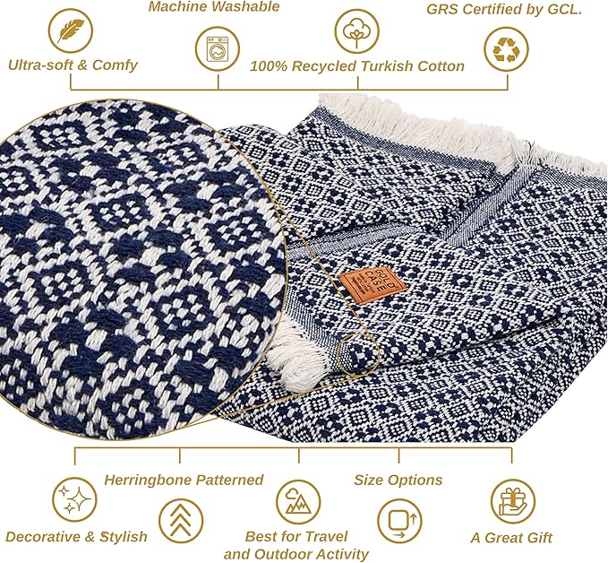 Gold Case Throw Blanket for Couch - 100% Recycled Turkish Cotton Blankets & Throws - Retro Soft Throw Blankets for Living Room Sofa - Boho Decorative Woven Throws for Couch - 60x80 - Navy Blue