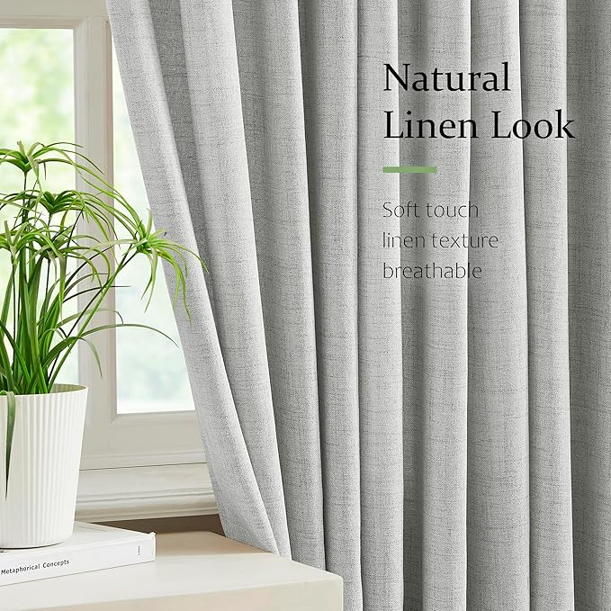 FMFUNCTEX Pinch Pleated Curtains 96 Inches Long for Living Room, Grey Semi Sheer Faux Linen Textured Pleat Drapes for Bedroom with Hooks, Light Filtering Farmhouse Window Drapes 2 Panels
