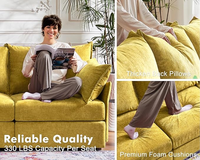 102.6" U Shaped Modular Sectional Sofa, 5 Seater Couch with Storage Ottoman Deep Seat and High Backrest with Removable Cover for Living Room, Apartment - Chenille Yellow