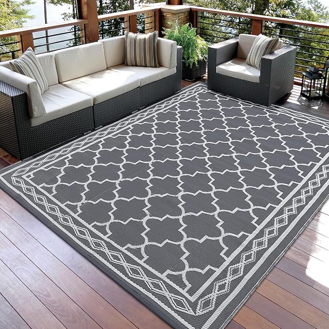 GAOMON Outdoor Rug for Patio 5'x8' Reversible Plastic Rugs Camping Mat for Outdoor, RV, Backyard, Deck, Balcony, Picnic, Beach, Grey/White(Geometric)