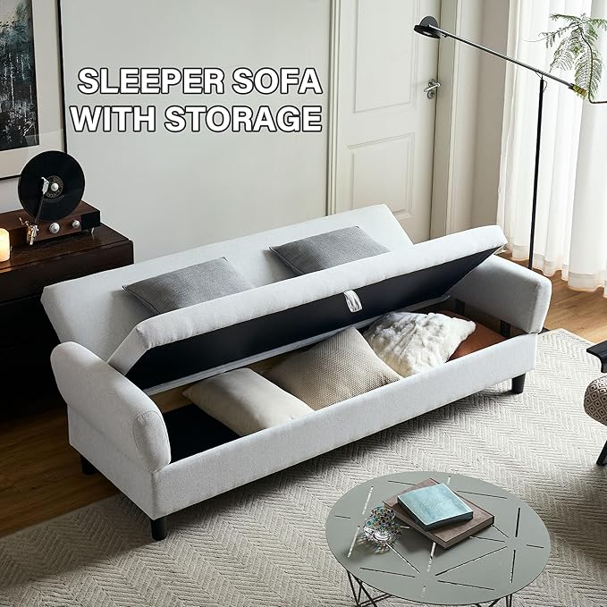 Convertible Futon Sofa Bed, 80.7" Adjustable Sleeper Sofa with Storage, 3-Seater Couch, 5-Position Reclining Back, 7" Thick Cushion, Twin Size Sofa for Small Spaces, Living Room, Bedroom, Dorm, Office