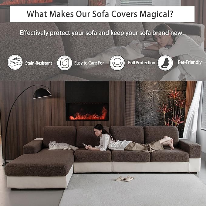 Couch Cushion Covers for Sectional Sofa, Stretch Soft Sofa Slipcovers Washable Wear-Resistant Universal Furniture Protector for Living Room(1 Piece Loveseat Cover, Brown)
