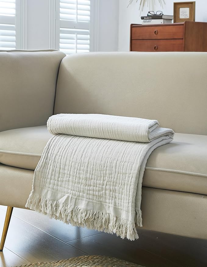 100% Cotton Muslin Throw Blanket for Bed, Couch, Small, Decorative, Soft, Pre-Washed, Breathable and Lightweight Gauze Blanket with Fringes, Suitable for All Seasons, Linen Grey, 50"x60"