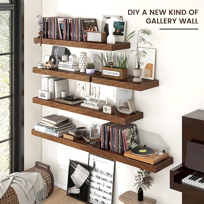 Floating Shelves - 2 Large Wall Mounted Shelves with Invisible Brackets, Long Wood Floating Wall Shelf for Living Room, Bedroom, Kitchen (Brown, 36" W x 9" D x 1.5" H)