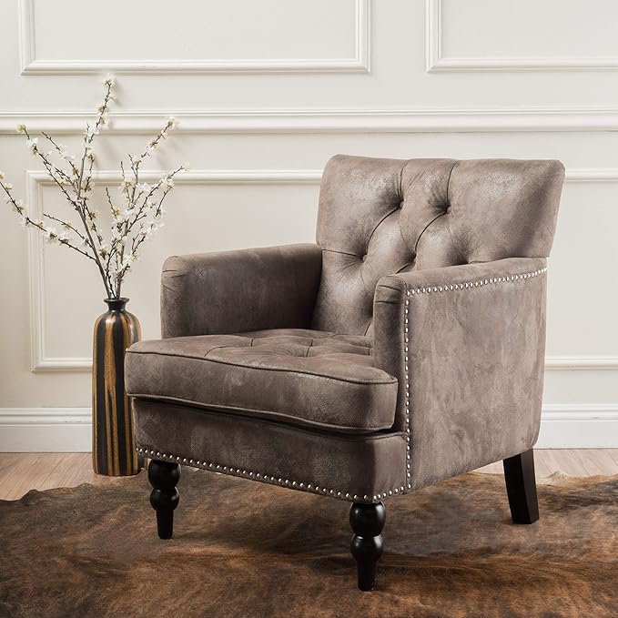 Christopher Knight Home GDFStudio Medford Brown Tufted Club Chair, Fabric Accent Chair with Studded Nailhead Accents